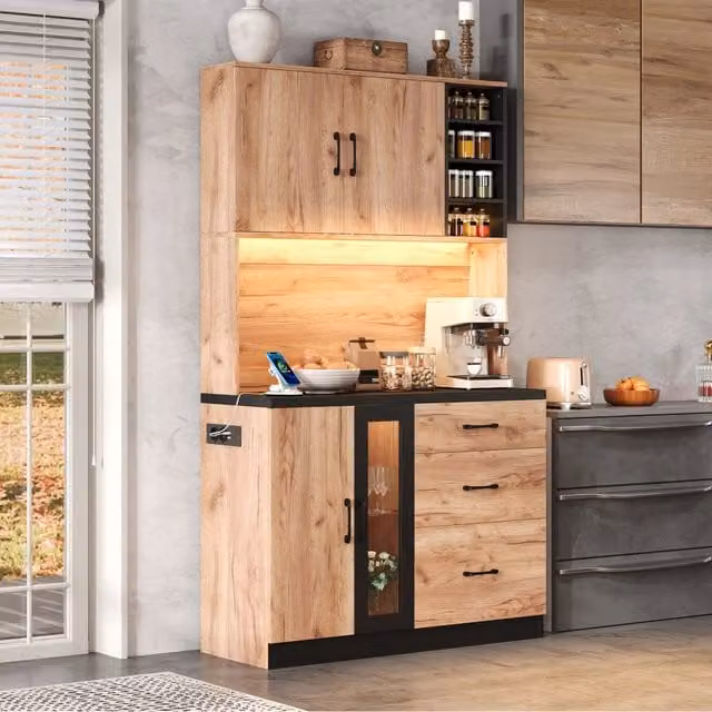 Mobile alto da cucina 105x40x180 cm con LED e ripiani regolabili in MDF neutro