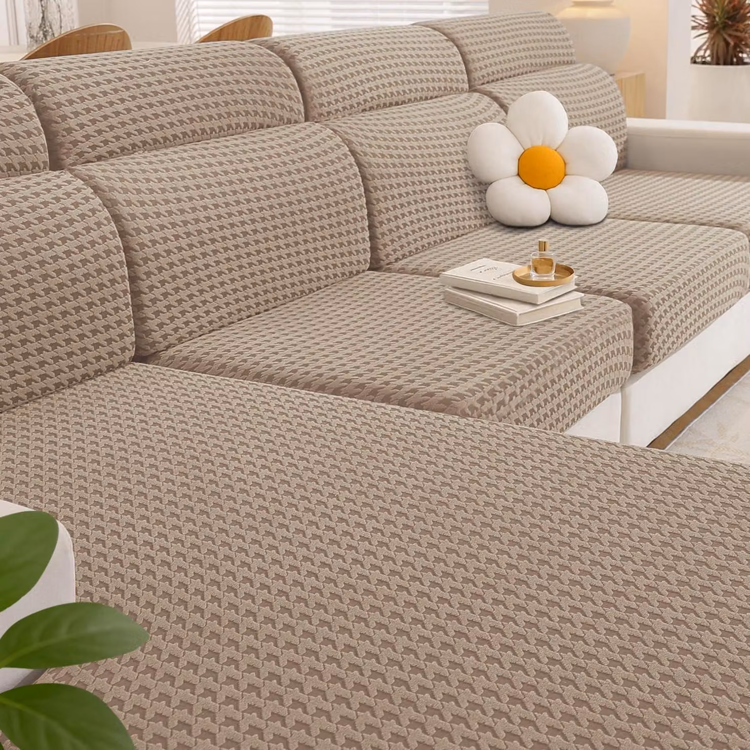 Copertura elastica universale per cuscini di divano, adatta a divani a forma di L, composta da 3 coperture per sedute singole e 1 copertura per chaise longue, colore kaki