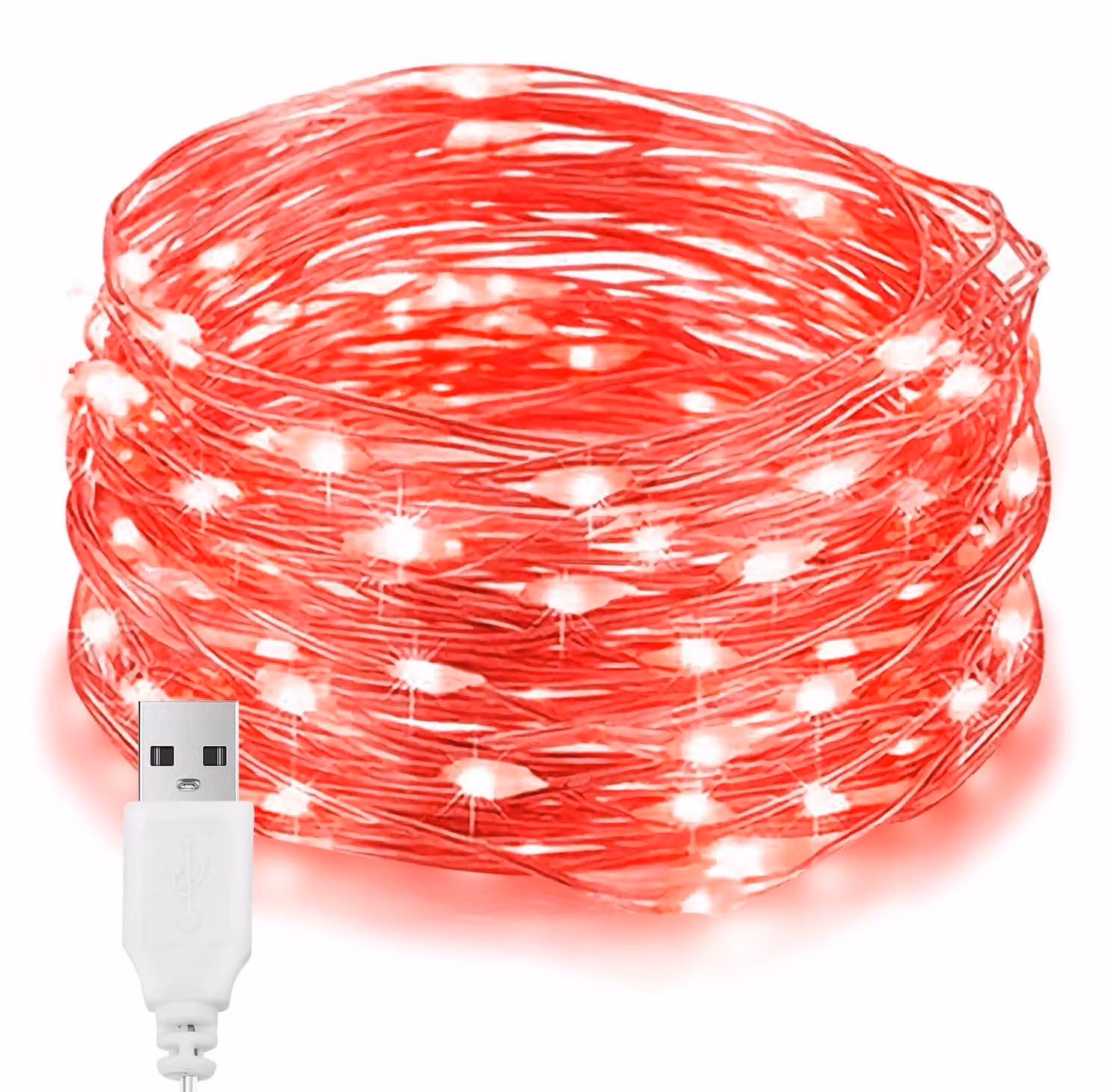 Catena luminosa a LED, 10 metri, 100 LED, colore rosso, filo argentato, grado di protezione IP65, alimentazione USB
