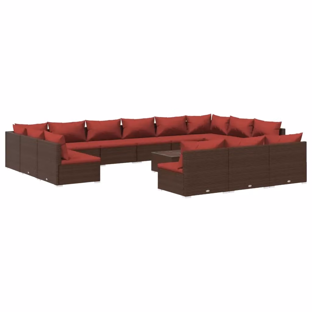 Set di divani da giardino a forma di U vidaXL con cuscini e tavolino da caffè, struttura in metallo e rattan marrone e rosso – 2