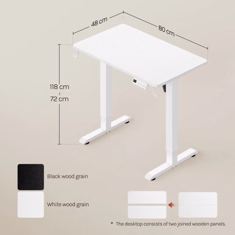 Scrivania regolabile in altezza elettricamente - Scrivania da gaming - 80 x 48 cm - Regolazione dell'altezza da 72 a 118 cm - 3 posizioni di altezza memorizzabili - Protezione anti-collisione - Porta USB integrata - Bianco