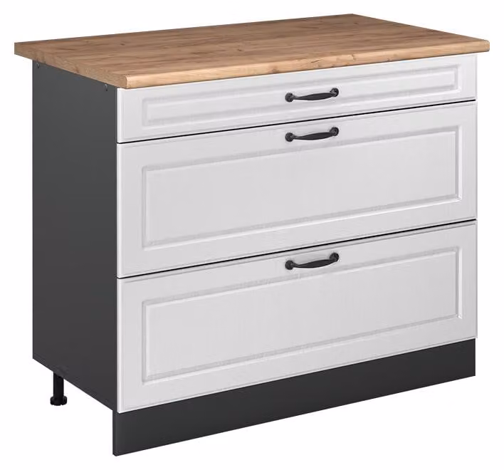 Mobiletto base per cucina Vicco R-Line Bianco country/Antracite 100 cm piano di lavoro Rovere dorato, Model 71576