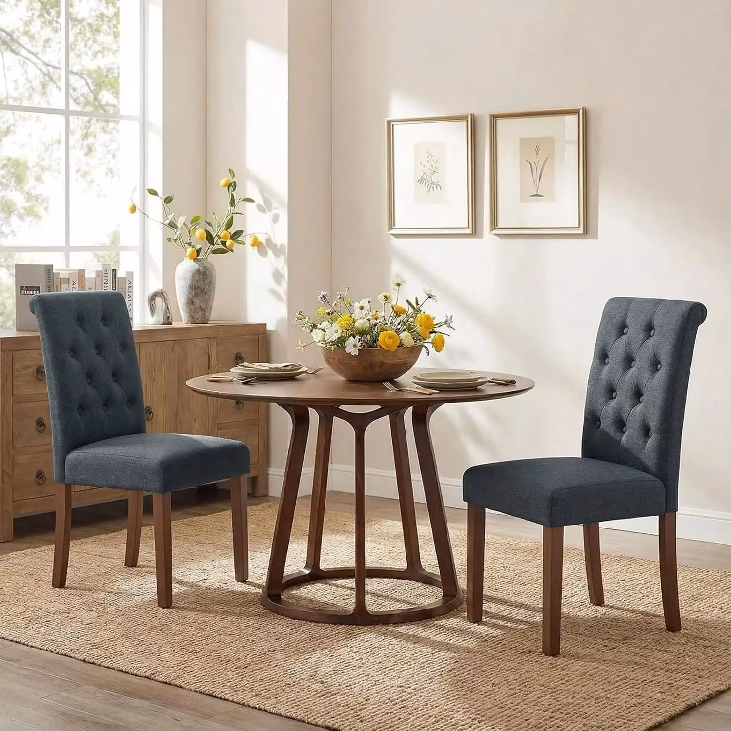 Sedie da pranzo - Stile Chesterfield - Set da 2 - Rivestimento con bottoni - Seduta imbottita in tessuto - Gambe in legno massello - Grigio