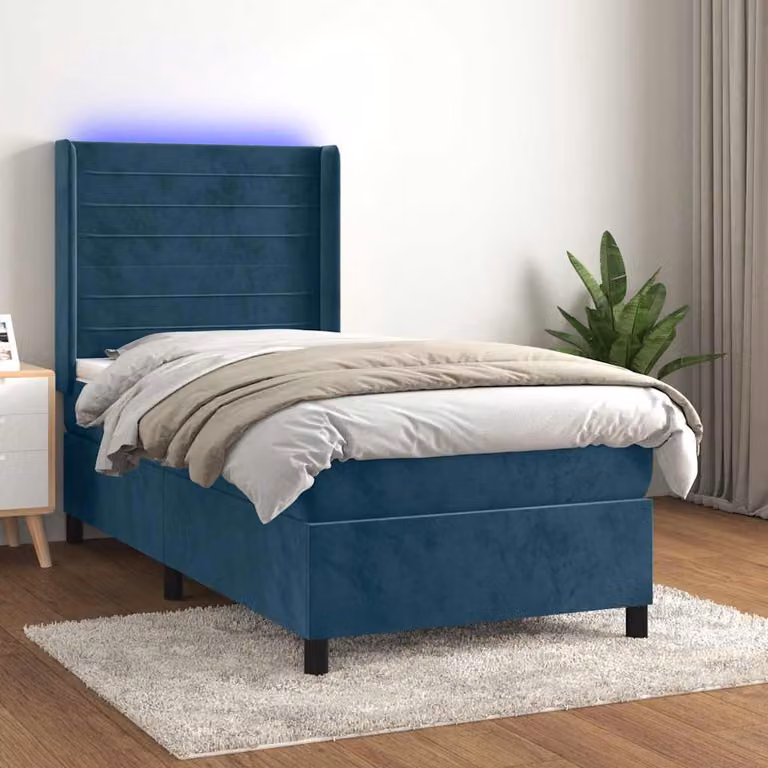 Letto Ibrido con Materasso a Molle Insacchettate vidaXL in Velluto Blu con Illuminazione LED e Porte USB, L/P: 90 x 200 cm