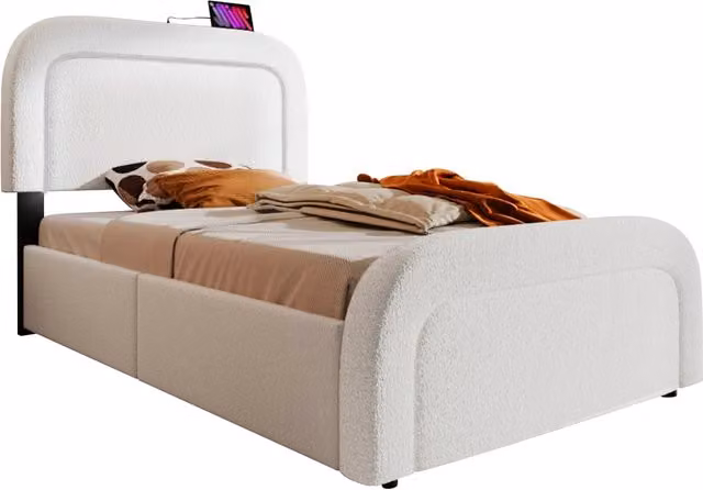 Letto Singolo Moderno Chicfurn con Cassetti, Luci LED, Porte USB e Tipo C, Rivestimento in Tessuto Bianco, L/P: 90 x 200 cm