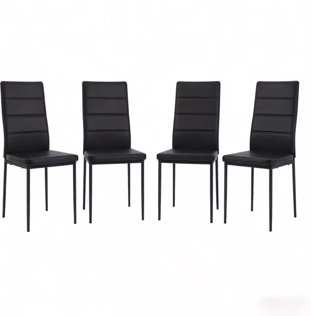 Set da 4 sedie da pranzo nere con schienale alto, rivestite in ecopelle e struttura in metallo