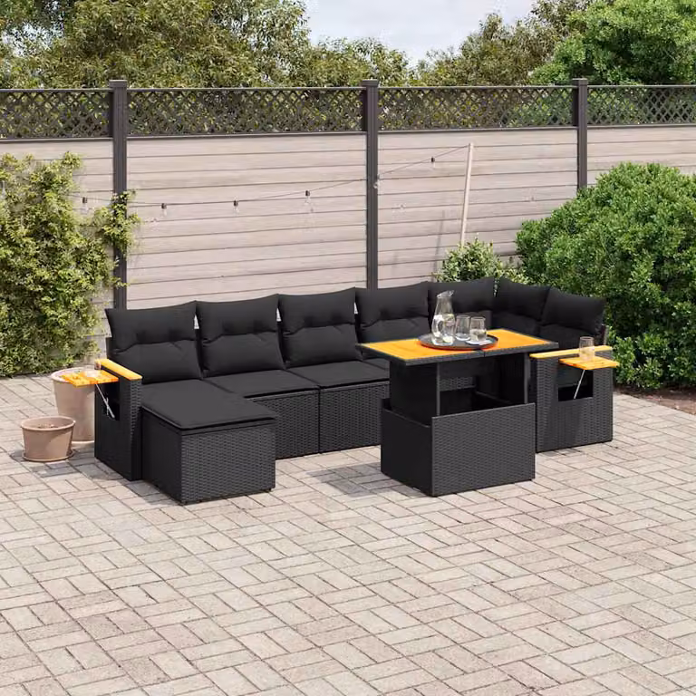 vidaXL Set Divani da Giardino a L con Cuscini 8 pz Nero in Polyrattan e Legno di Acacia