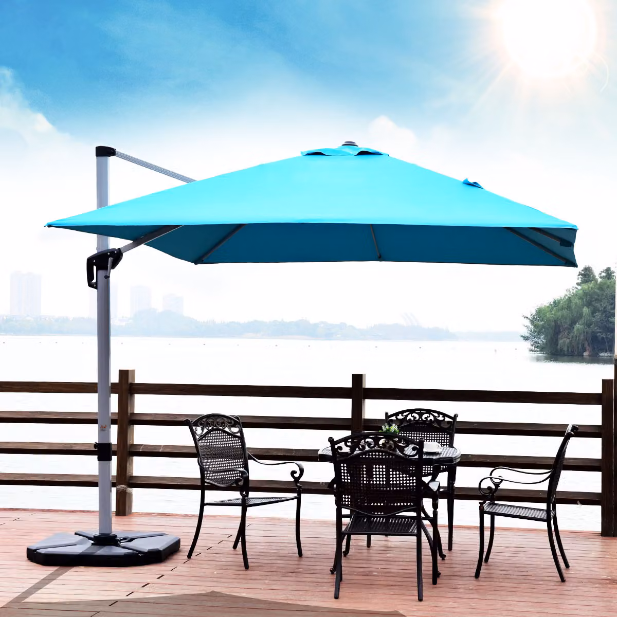 Ombrellone quadrato da giardino Costway blu con palo in alluminio, inclinazione regolabile e base incrociata, L 300 x P 300 cm – 3