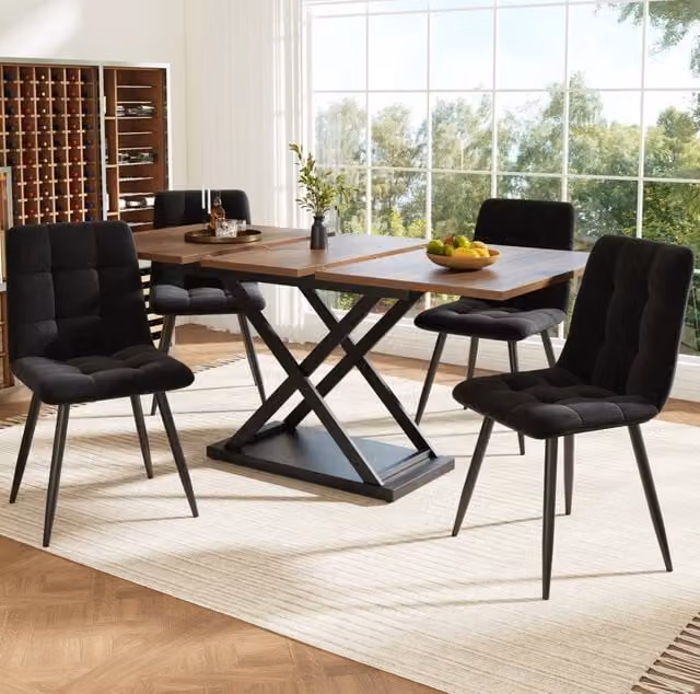 Set da pranzo 5 pezzi con tavolo allungabile 120-160x80 cm e 4 sedie in velluto nero
