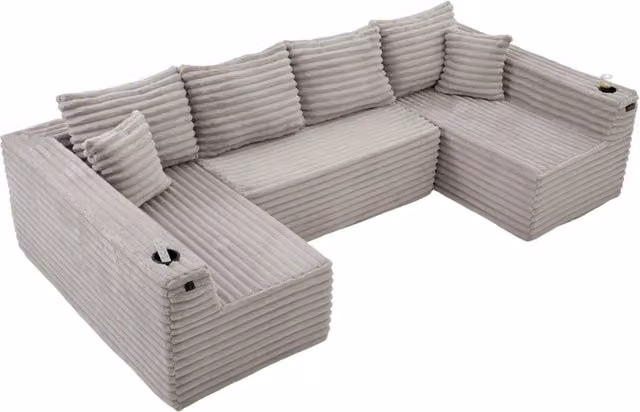 Divano modulare a U in velluto a coste con portabicchieri, tasche laterali e cuscini, 320x155x88 cm, colore neutro