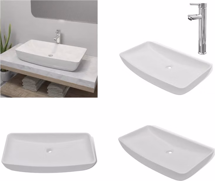 vidaXL Lavandino da bagno con miscelatore in Vetroceramica rettangolare bianco - Lavandino - Lavandino da bagno - Lavabo da bagno