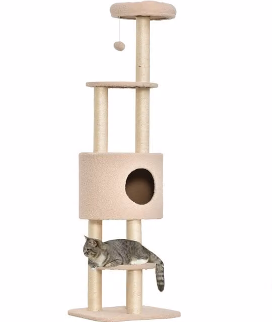 Albero Tiragraffi per Gatti PawHut Aosom a 5 Livelli con Cuccia e Giochi Integrati in Sisal e Peluche Beige – 1