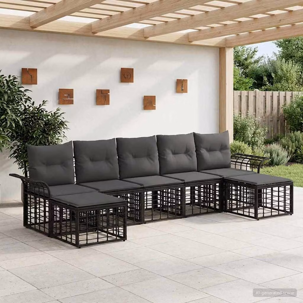 vidaXL Set di divani da esterno 7 pz a forma di L con cuscini, Nero, Grigio e Antracite, in Poliestere e Acciaio verniciato a polvere