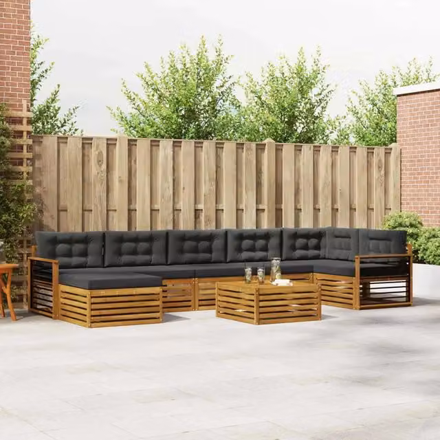 Set di divani da esterno vidaXL in legno di acacia con 8 pezzi, colore naturale e antracite, design moderno a forma di L con elementi angolari, pouf e tavolino da caffè incluso – 1