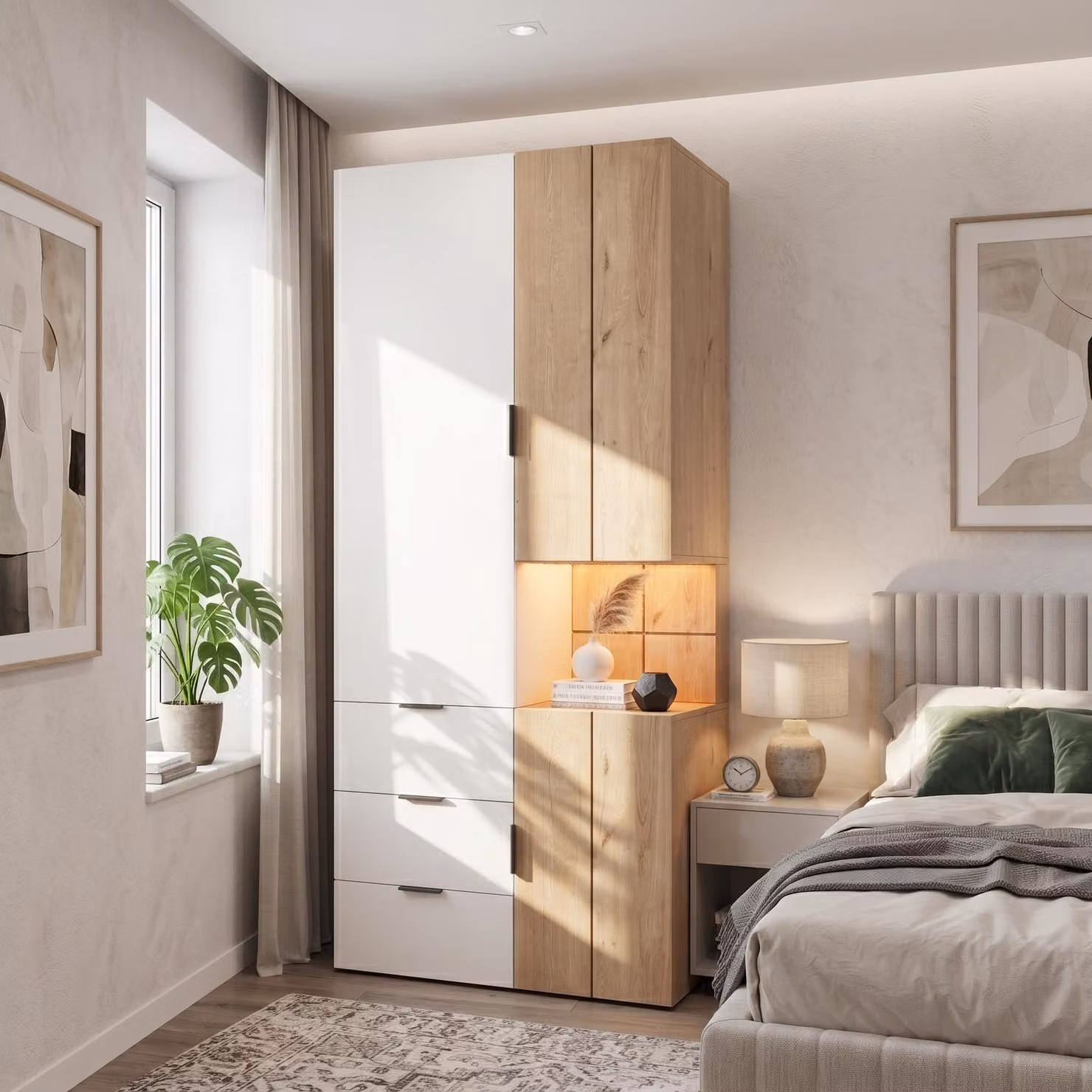 Armadio con aste appendiabiti, cabodino con illuminazione a LED e cassetti, mobile alto con ante, 90x49x200 cm, bianco e legno naturale