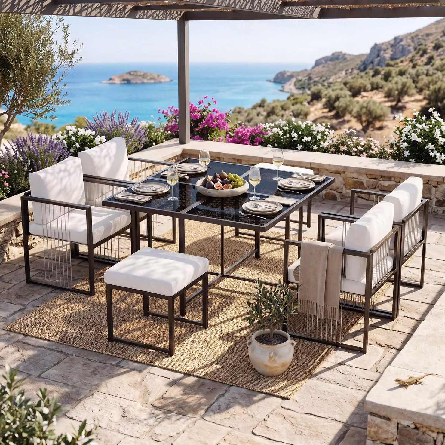 MODFU Set da giardino, mobili da giardino, set di 7 sedie da giardino, tavolo da pranzo e sedie per 6 persone, con cuscini per sedute e schienali, nero + bianco