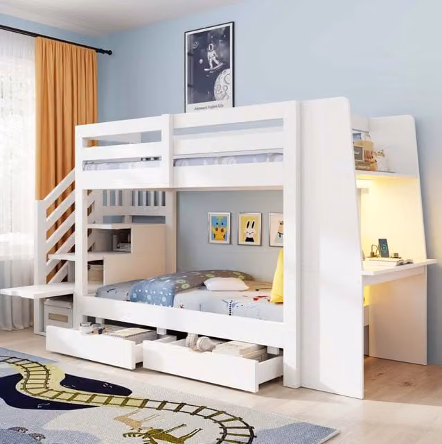 Letto a castello 90x200 cm in legno con scala contenitore; scrivania; LED e 2 cassetti; bianco