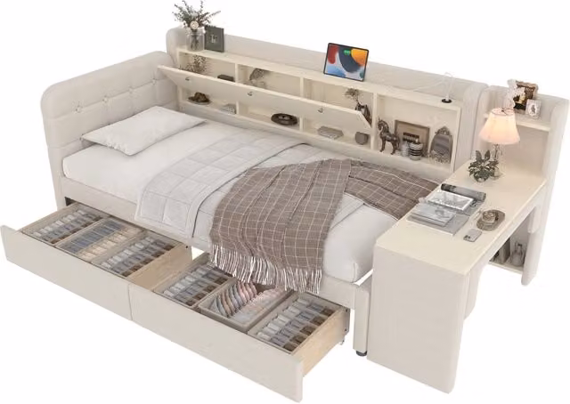 Letto a Divanetto Moderno in Lino Beige con 2 Cassetti, Scrivania e Porte USB e Type-C, L/P: 90 x 200 cm – 1