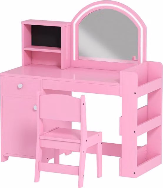 Set Toeletta Trucco per Bambini 2 in 1 AIYAPLAY con Specchio, Luce LED, Sedia, Armadietto e Libreria, Rosa