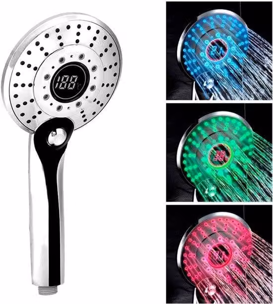 Soffione doccia a LED, regolazione della temperatura con cambio di colore a 3 tonalità, 3 tipi di getto, display digitale della temperatura, 13 cm, per un'esperienza doccia rilassante