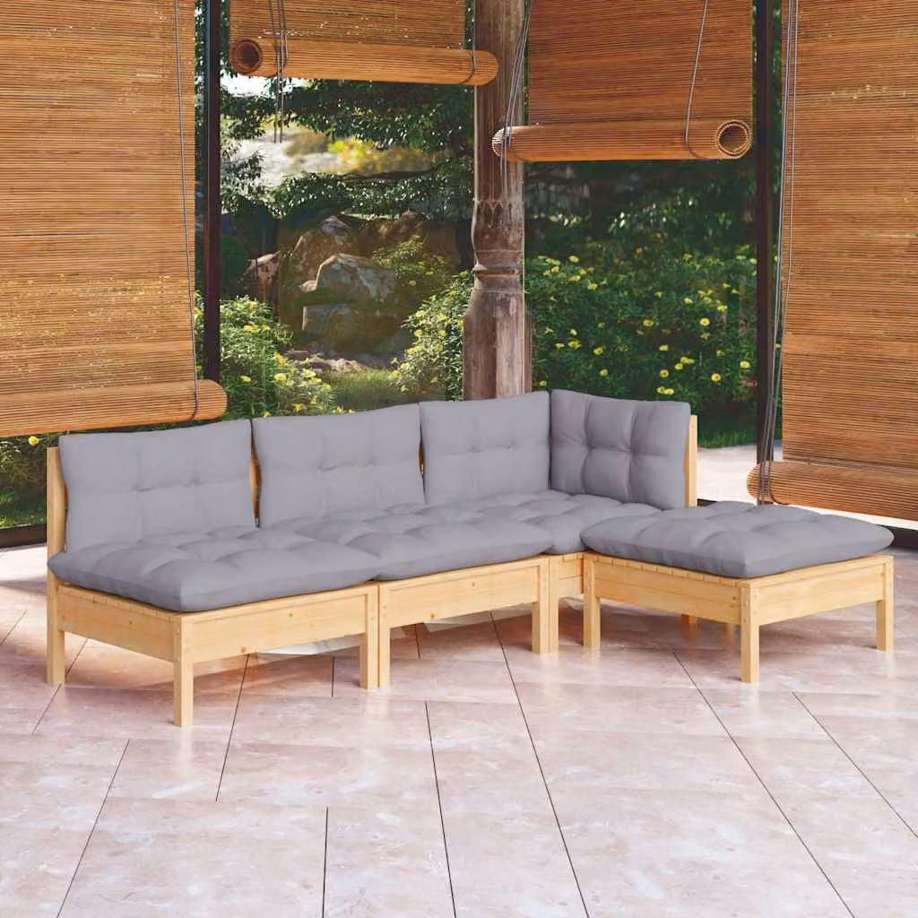 Set di divani da giardino vidaXL in legno massello di pino con cuscini grigi, design moderno a L con pouf, 4 pezzi