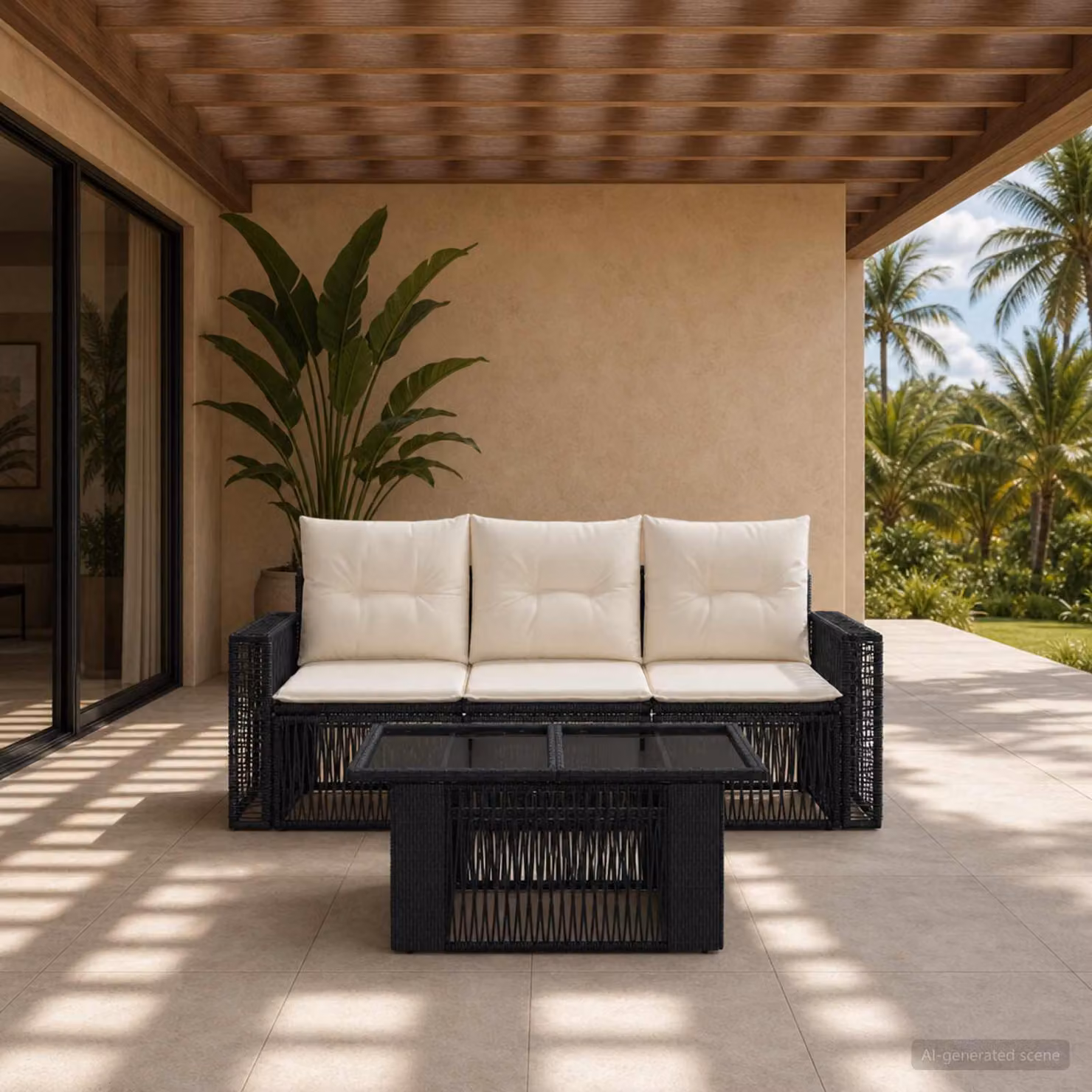 Set Divano da Giardino vidaXL 4 Pezzi in Polyrattan Nero e Bianco Crema con Cuscini e Tavolino da Esterno