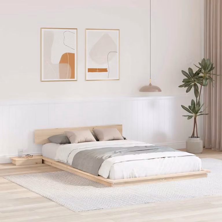 vidaXL Struttura letto moderna in legno di pino marrone con ripiani laterali L: 135 cm, P: 190 cm