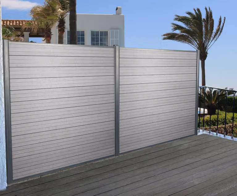 Schermo privacy in WPC Sarthe, recinzione frangivento, pali in alluminio ~ set di 2, 3,75 m grigio