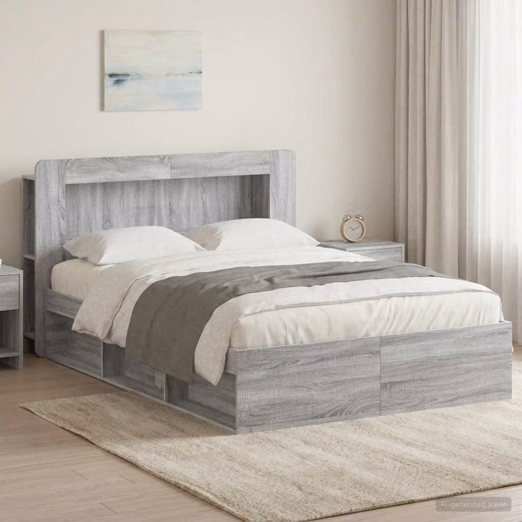 vidaXL Letto moderno con contenitore e cassetti in legno Sonoma grigio L/P/H: 140 x 190 x 153,5 cm
