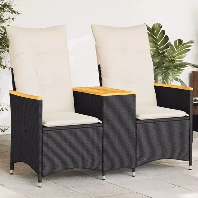 Divano Giardino Reclinabile 2Posti con Tavolino-Sofa da Giardino-Divanetto da esterno Nero Polyrattan 629976