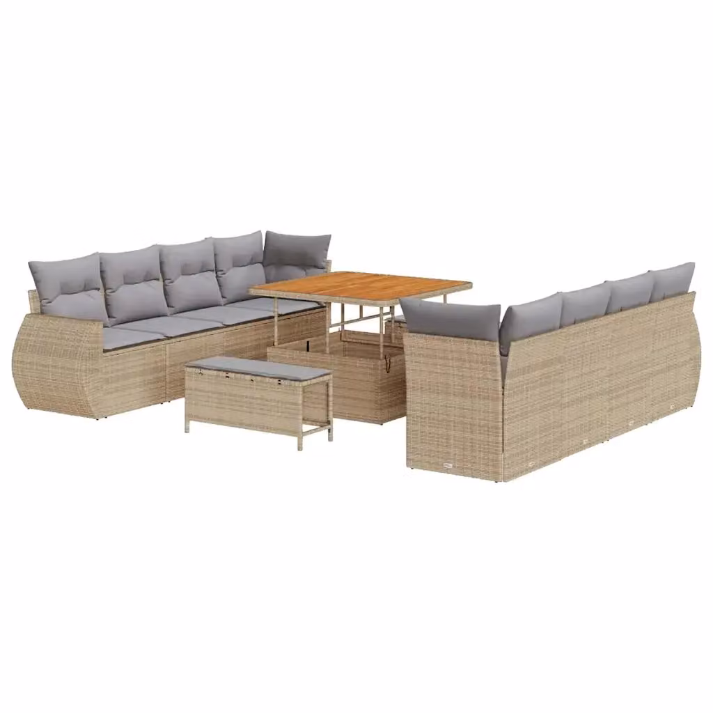 Set Divano da Giardino vidaXL 11 Pezzi a Forma di U in Polyrattan Beige con Cuscini e Tavolino da Esterno – 2