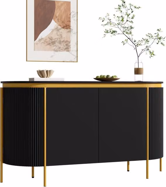Sideboard MDF 4 porte, estremità ovali arrotondate, ripiano scanalato, passaggio cavi, piedi in ferro, per soggiorno