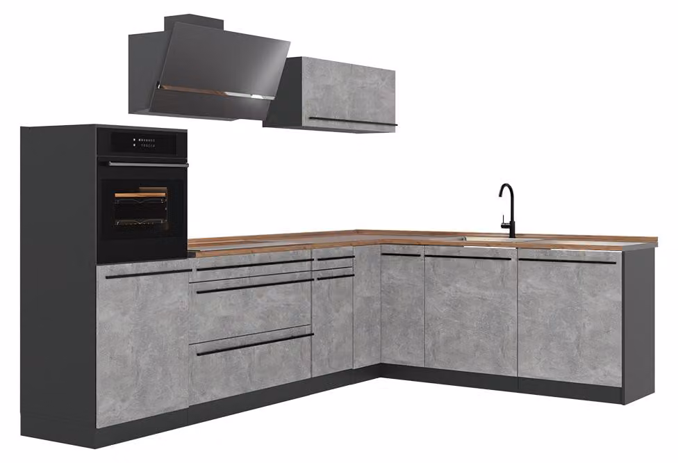 Cucina angolare completa Vicco R-Line Calcestruzzo/Antracite 287 x cm piano di lavoro Rovere dorato, Model 67522
