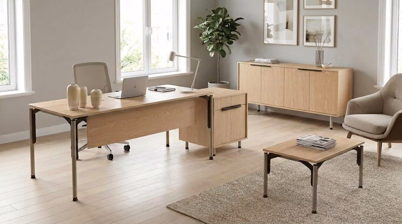 Set da ufficio: scrivania, mobiletto, cassettiera, tavolino da caffè, legno color beige