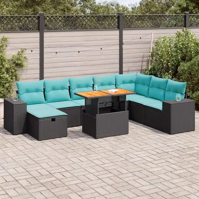 Set Divani da Giardino 9 pz con Cuscini Nero Polyrattan Acacia 3328100