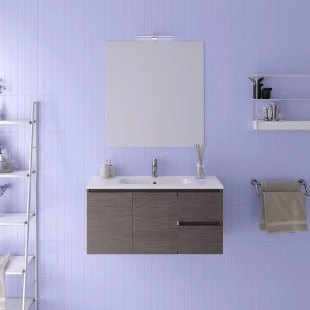 Mobile da bagno sospeso 100cm rovere scuro con lavabo e specchio | Rata