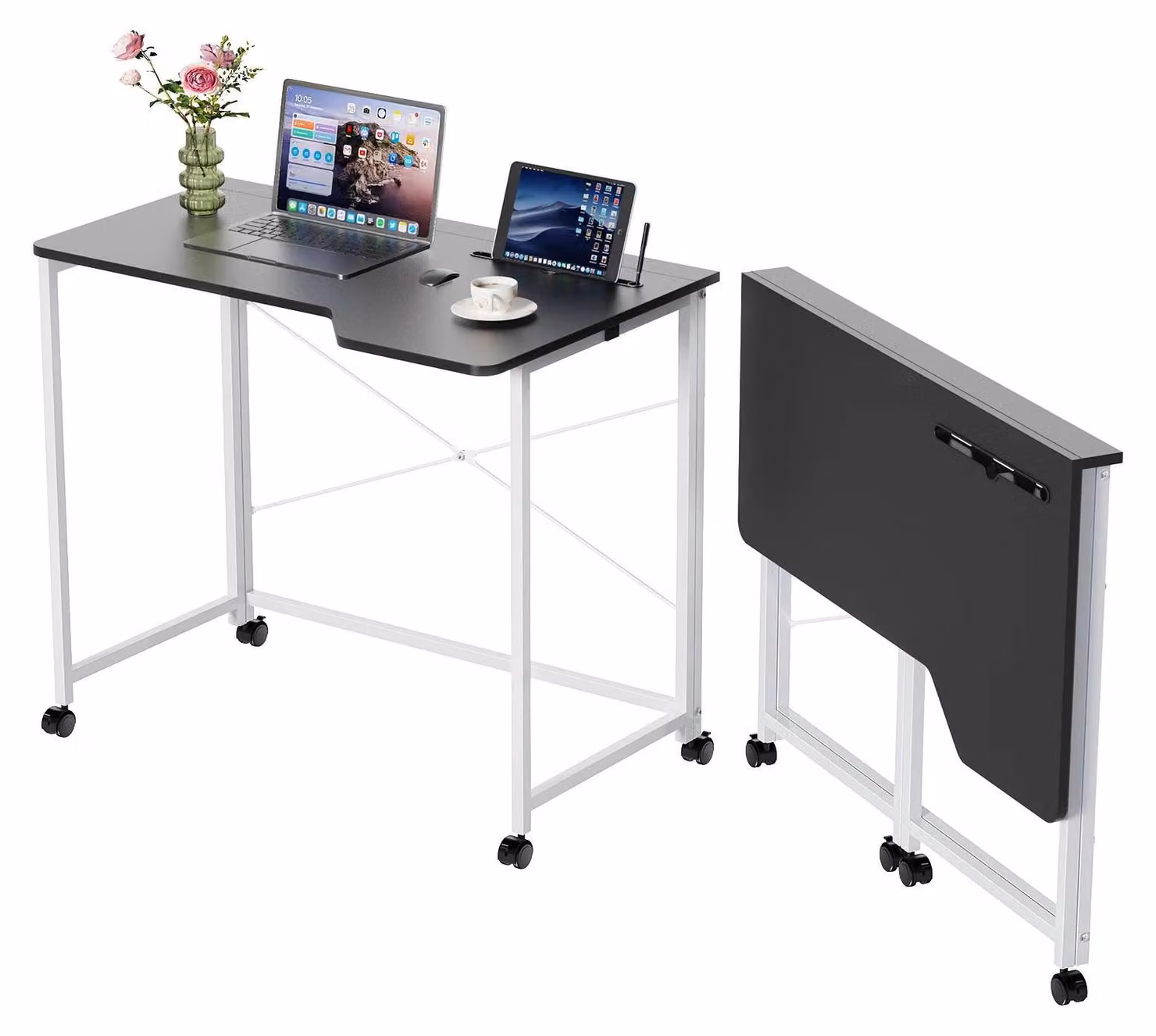 Scrivania pieghevole - Scrivania per computer e laptop - 90x56x75 cm - Con rotelle - In legno - Salvaspazio, ideale per piccoli ambienti - Colore: nero