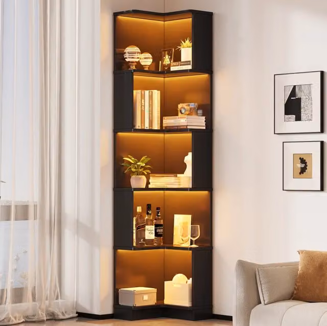 Libreria angolare ULEVR 63,5x45x175 cm a L con 5 livelli e strisce LED RGB controllabili tramite app, nera