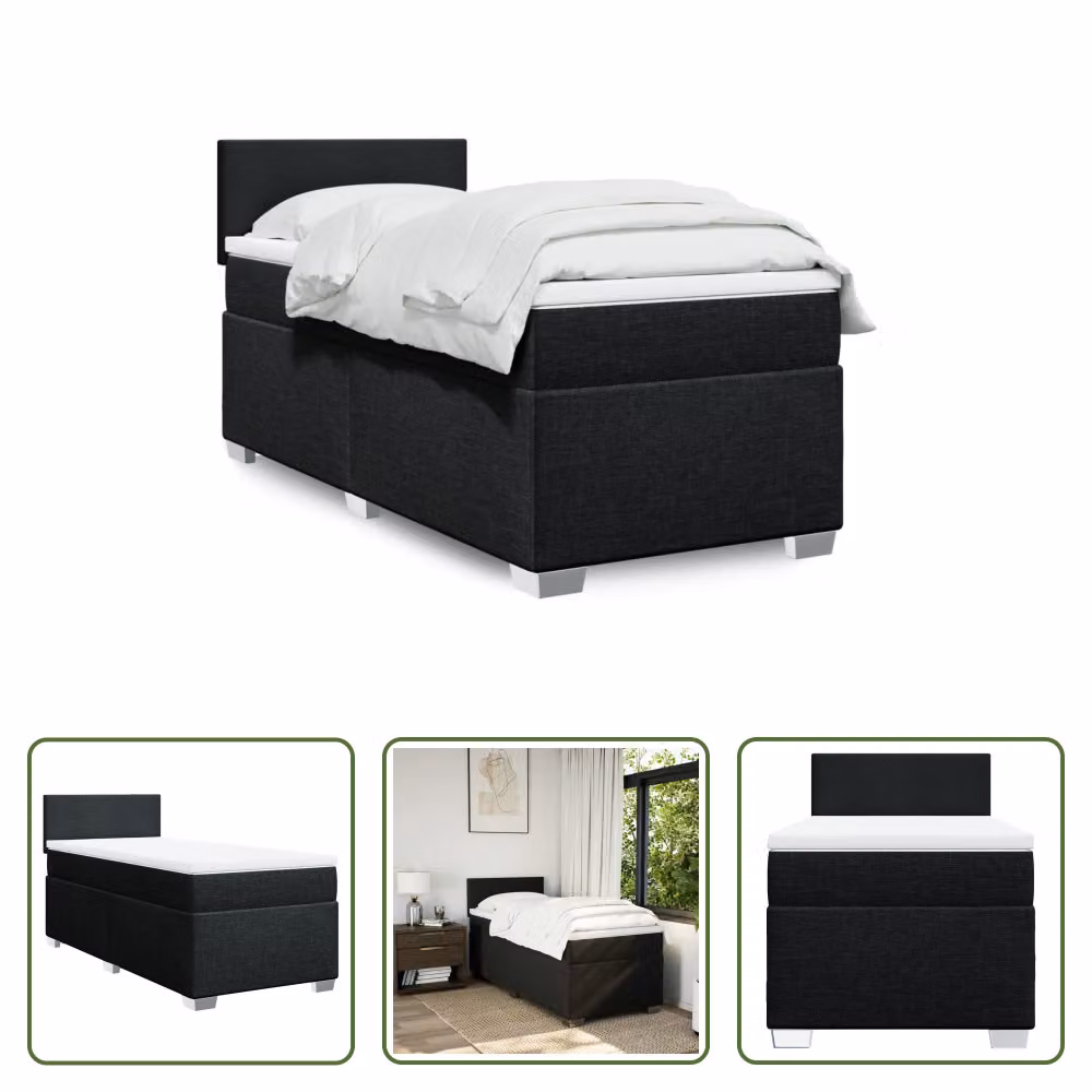 The Living Store Letto a molle con materasso nero 90x200 cm in tessuto