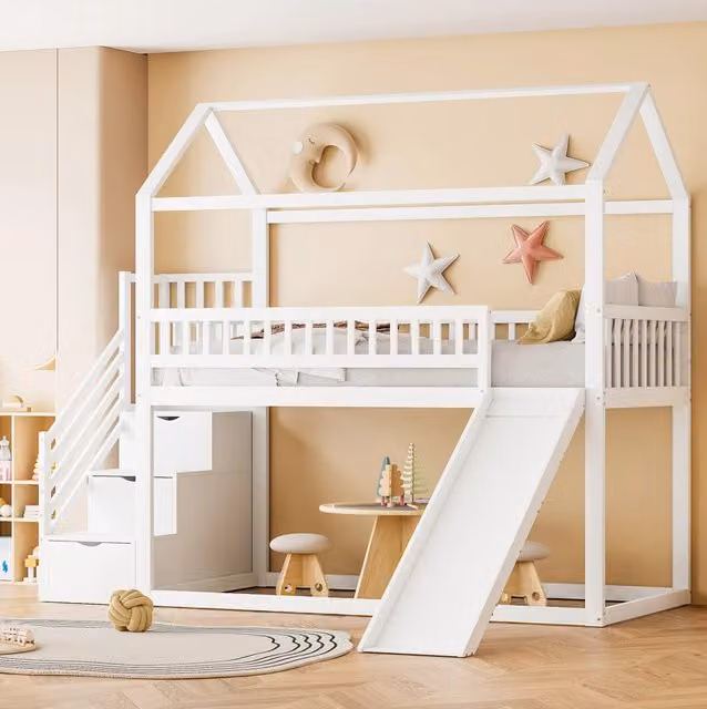 Letto a soppalco per bambini 90x200 cm con scivolo e scala contenitore; bianco