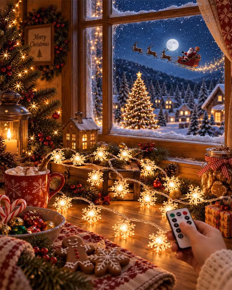 Catena luminosa a forma di fiocchi di neve, lunghezza 7,5 metri, 50 LED, luce bianca calda, alimentazione a batteria