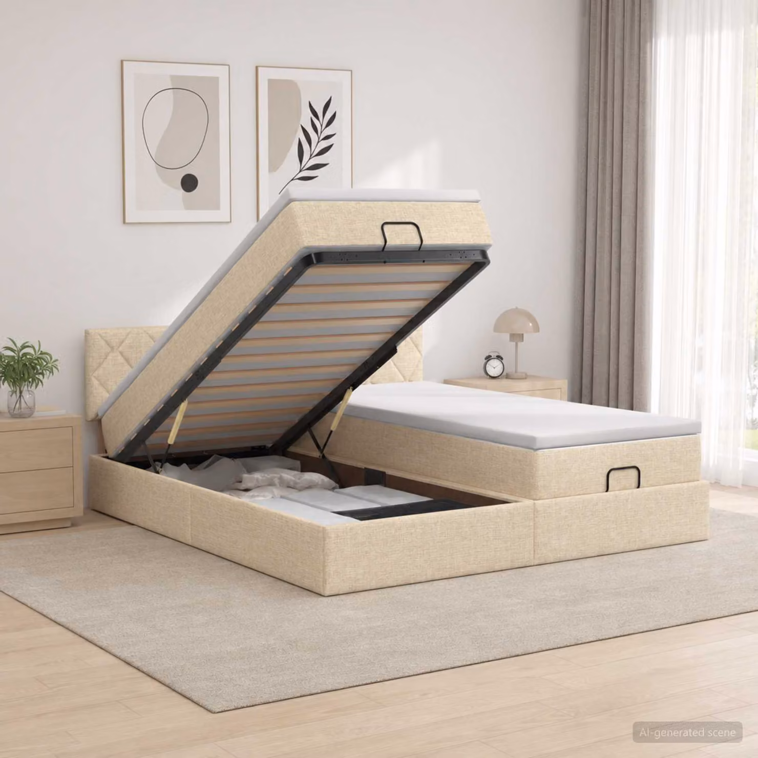 vidaXL Letto Ottomano con Materasso e LED Crema 160 x 200 cm Tessuto