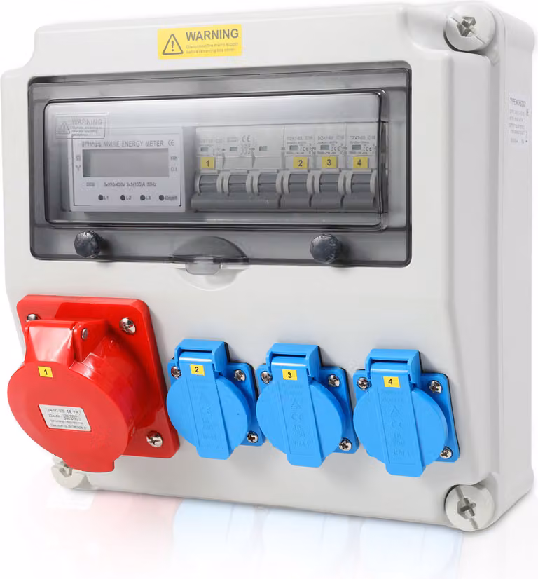 Distributore di corrente da cantiere Jayseuw Distributore di corrente a parete con contatore elettrico trifase e MCB, a 5 poli con 3x prese Schuko e prese CEE 32A