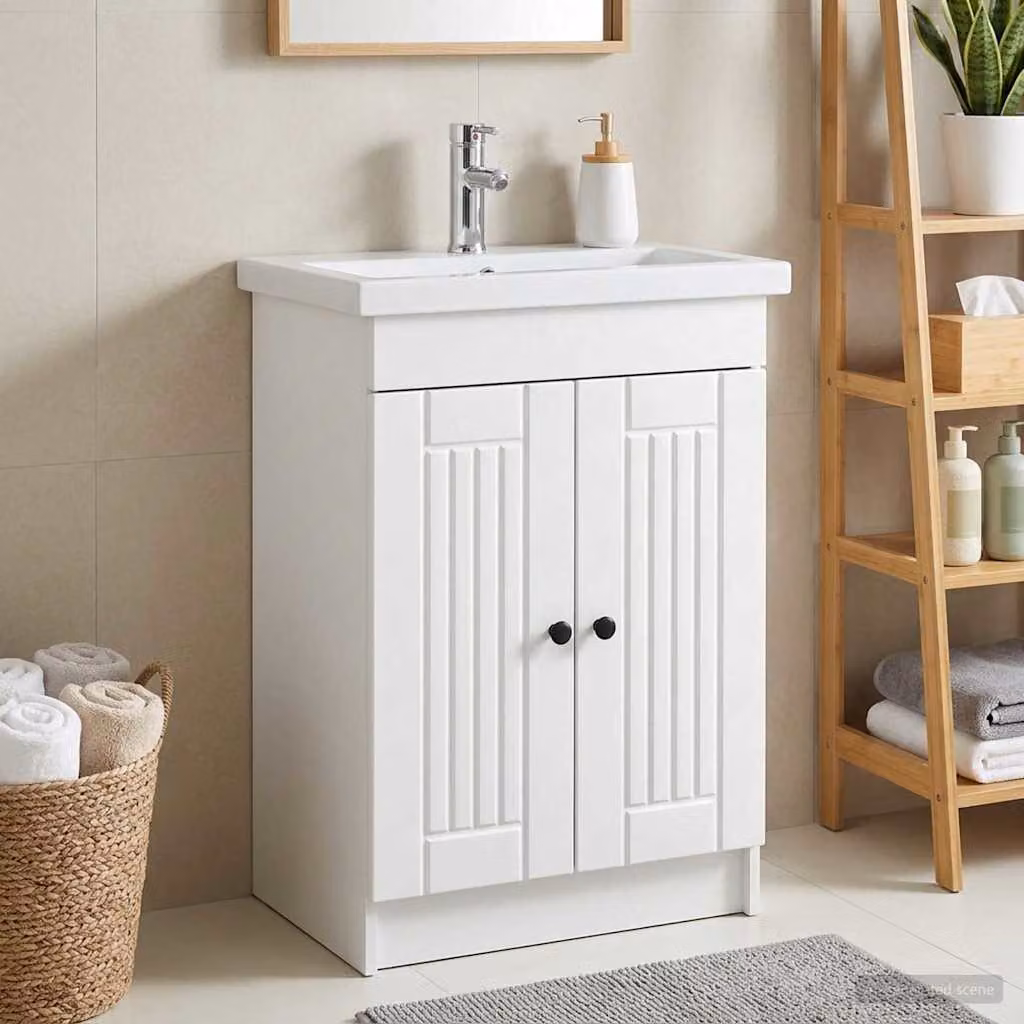 Mobiletto da bagno moderno vidaXL con ante a cerniera e ripiani interni, Bianco, L: 56 cm, P: 37,5 cm, H: 81 cm