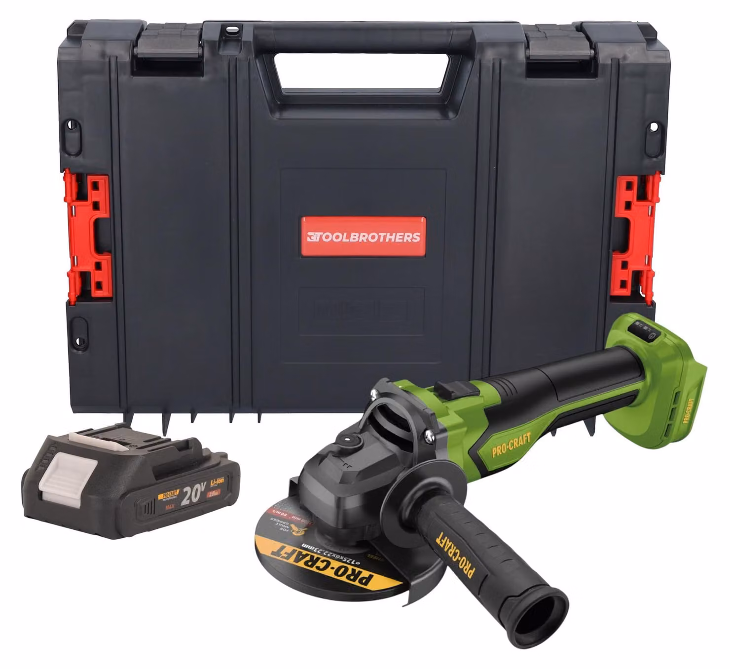 Smerigliatrice angolare a batteria Procraft PGA22-BB 20 V 125 mm Brushless + 1x batteria 2,0 Ah + valigetta RHINO Toolcase - senza caricabatteria