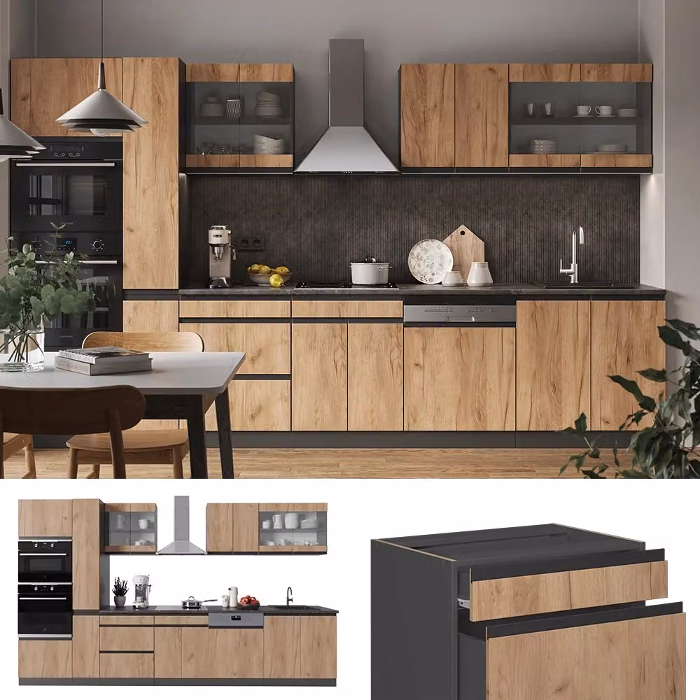Cucina componibile moderna Vicco R-Line in Rovere e Antracite, forma a J con mobile alto, larghezza: 350 cm – 2