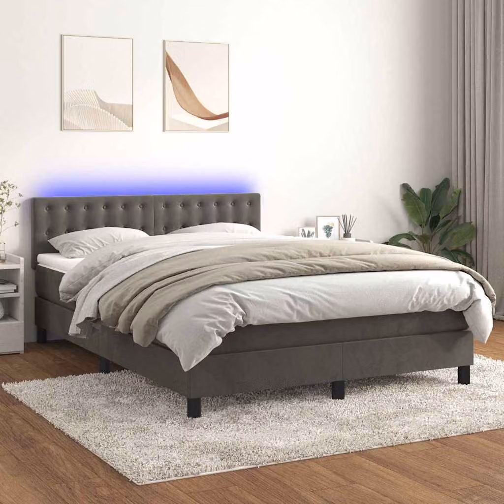 vidaXL Letto Ibrido con Materasso e Illuminazione LED, Rivestimento in Velluto Grigio, L/P: 140 x 190 cm – 1