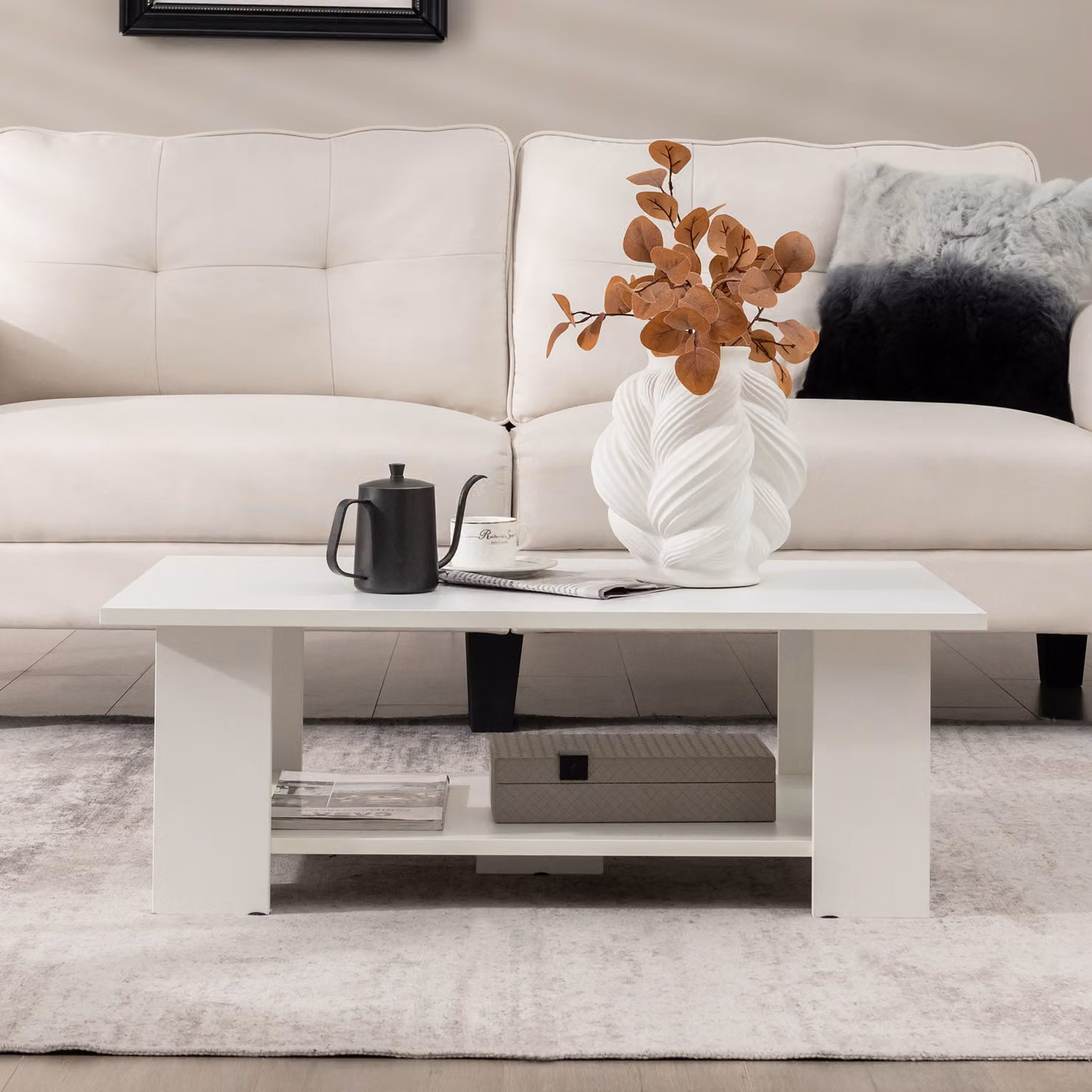 Tavolino in legno a 2 livelli COSTWAY, tavolo da soggiorno moderno, tavolino con capacità di carico fino a 125 kg, 90 x 52 x 32 cm, bianco