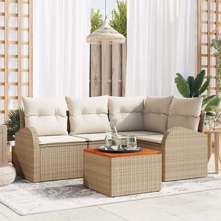 Set Divano da Giardino 5 Pezzi vidaXL in Polyrattan Beige con Cuscini e Tavolino da Esterno
