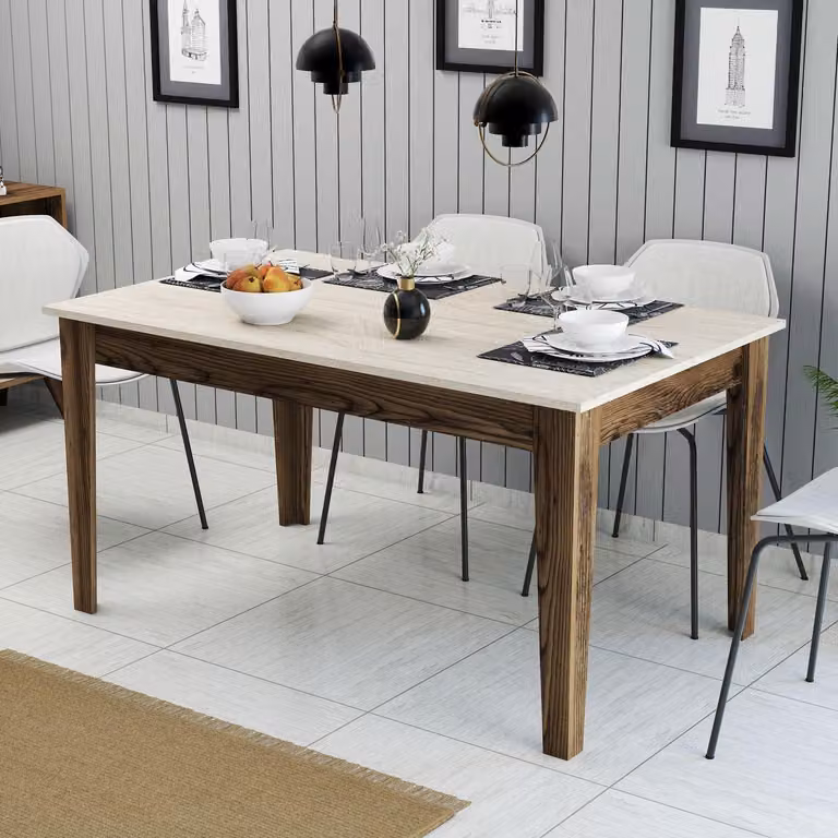 Skye Decor, tavolo da pranzo di alta qualità, noce e travertino, 145 x 75 x 88 cm | Pannello truciolare rivestito al 100% in melamina, spessore 18 mm | Design elegante per soggiorni eda pranzo moderni.